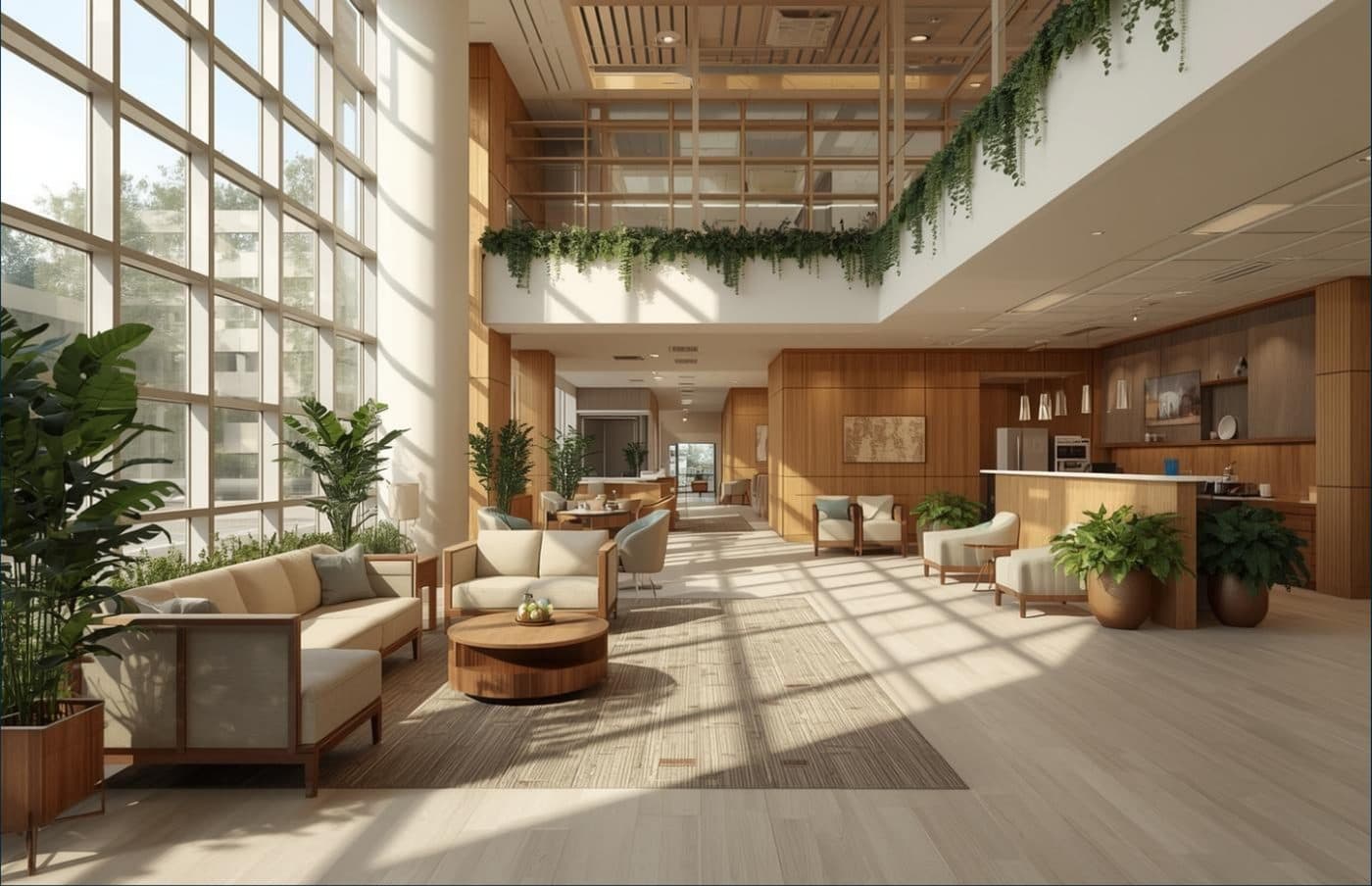 A double-height arrival lounge in daylight, with timber screens, planting and soft seating.