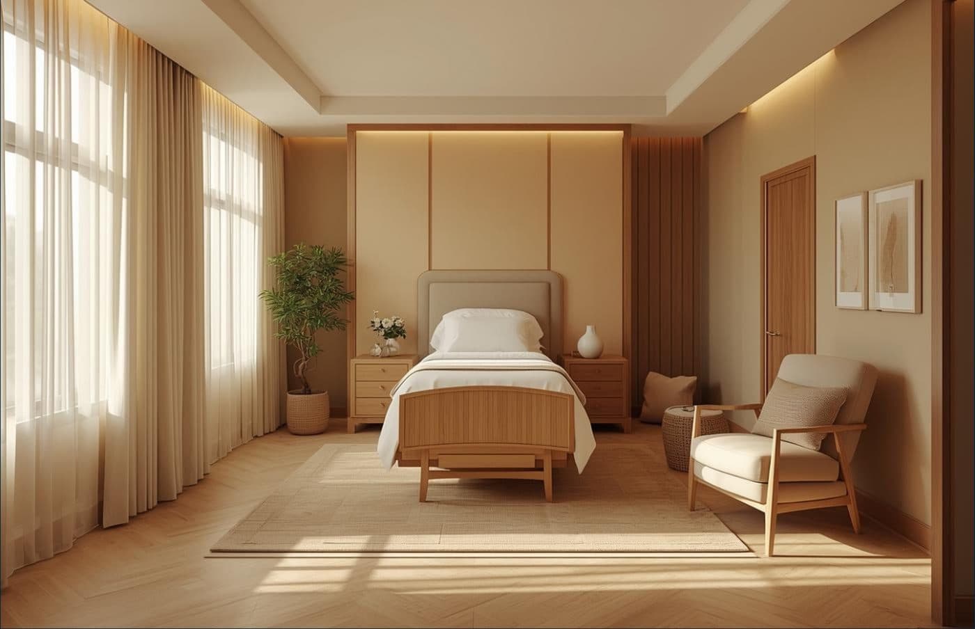 A birthing suite with a timber floor, sheer curtains and a chair beside the bed.