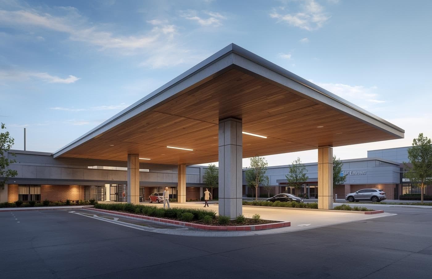Indicative architectural design concept — TEMCO Specialised General Hospital main entrance, SSKIA SEZ. Not a photograph of a built facility. Opening 2029.