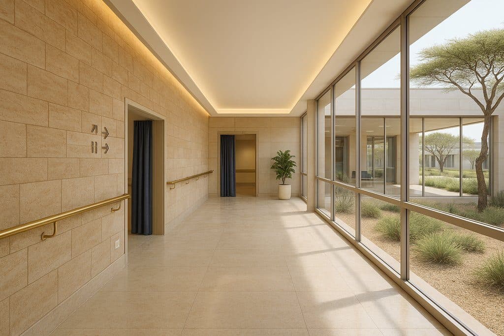 Design concept: a daylit clinical corridor in pale stone, with brass handrails and a glazed wall onto a planted courtyard.