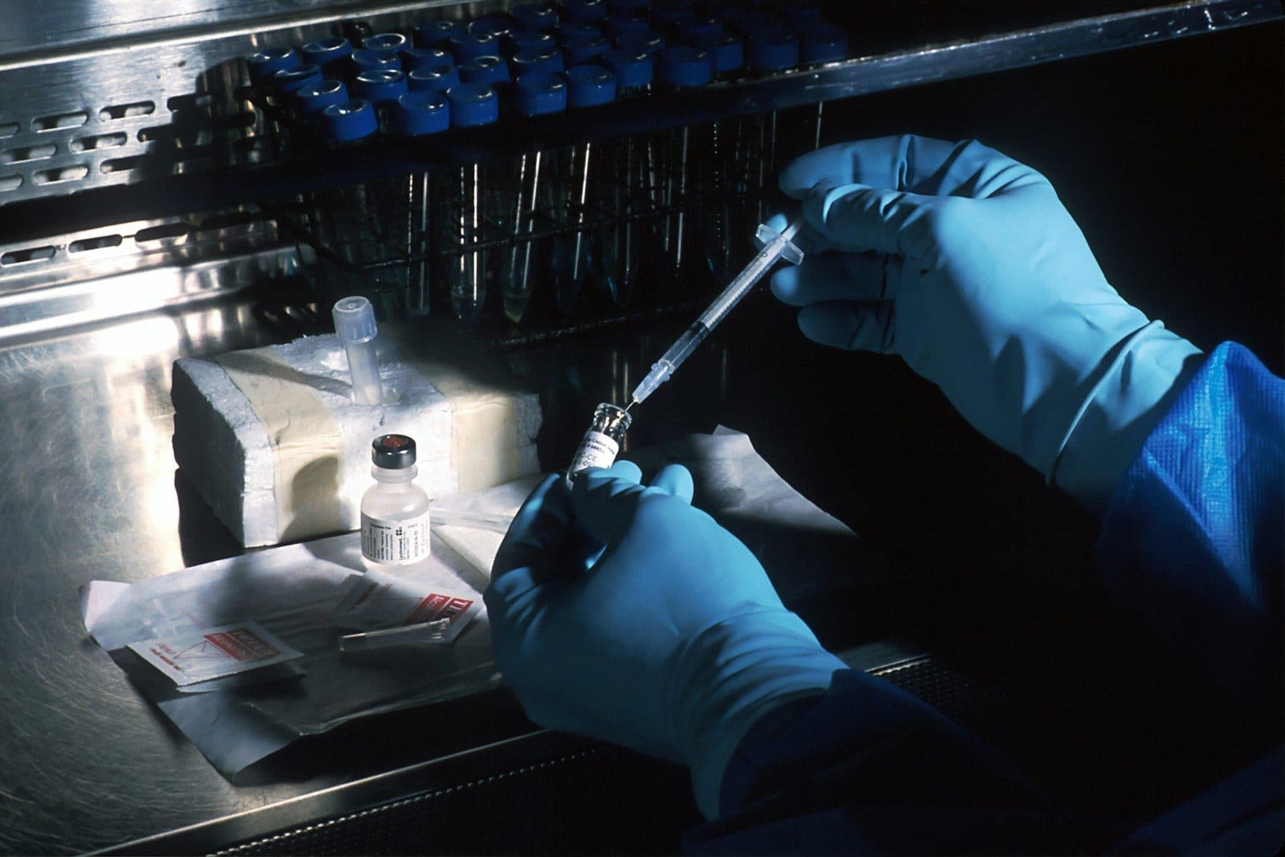 Gloved hands drawing a dose from a vial inside a laboratory safety cabinet.
