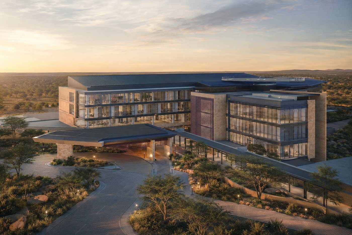 Indicative architectural design concept of the planned TEMCO hospital precinct — latest iteration. Illustrative only, not a built facility. Opening 2029.