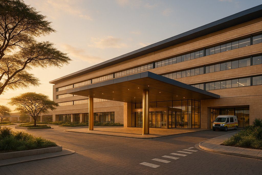 Indicative design concept of the planned TEMCO hospital main entrance — latest iteration. Illustrative architectural concept, not a built structure. Opening 2029.