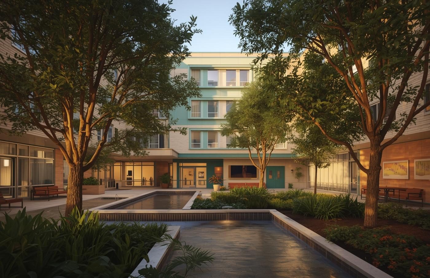 Indicative architectural design concept of the planned TEMCO hospital exterior and landscaped approach. Illustrative concept, not a built structure. Opening 2029.