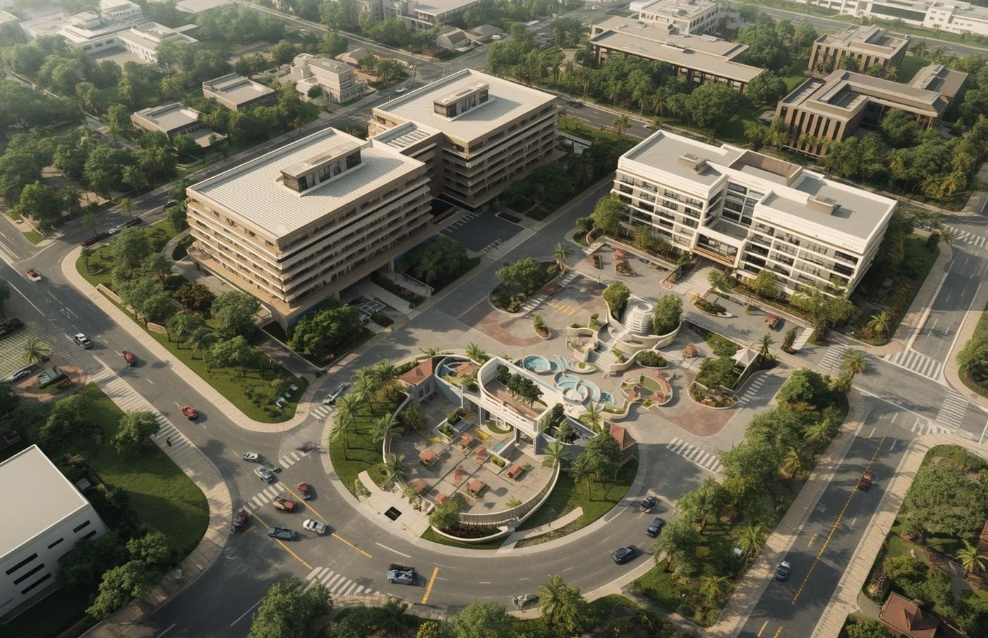 Indicative aerial design concept of the planned TEMCO hospital precinct within the SSKIA Special Economic Zone. Illustrative only — not an existing development. Opening 2029.