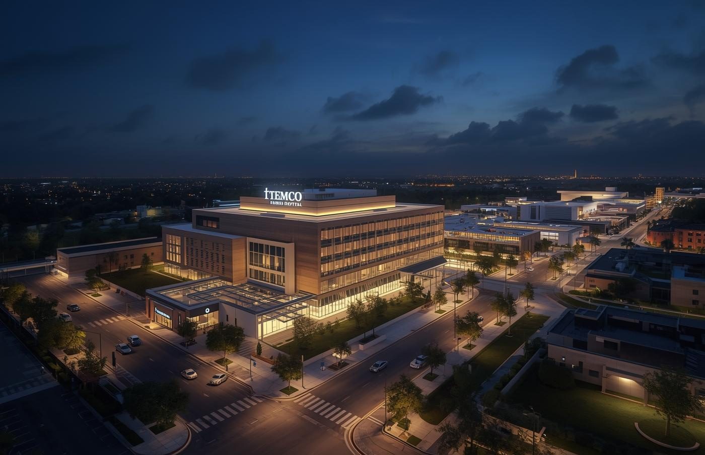 Indicative architectural design concept of the planned TEMCO precinct at the SSKIA Special Economic Zone, viewed at twilight. Illustrative concept only — not a photograph of a built facility. Opening 2029.